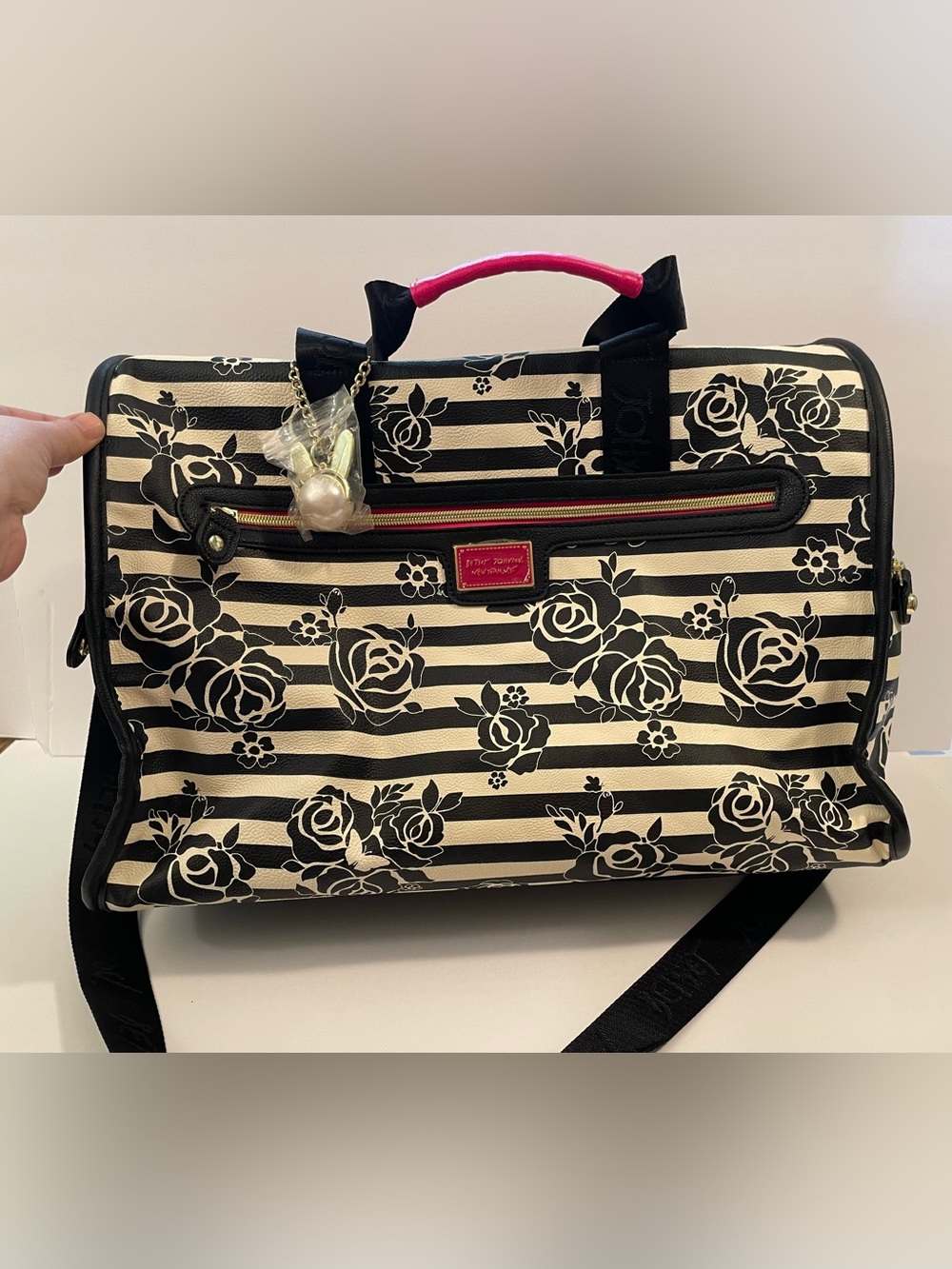 Betsey Johnson Weekender Duffle Bag Black White Floral Stripe Overnight Travel
